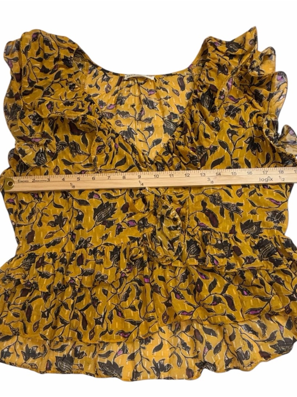 Ulla Johnson Mustard Floral Ruffle Sleeveless Silk Blend Blouse Size 8 - Picture 5 of 10